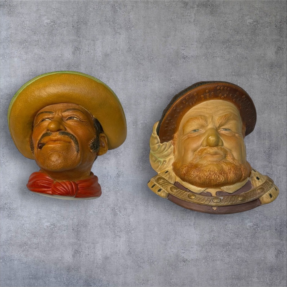 Legend Products England Wall Plaques Tudor King & Western Cowboy Faces Pair